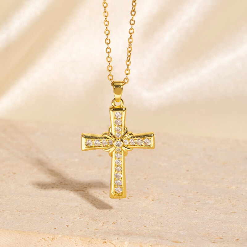 copper inlaid zircon cross vintage alloy necklace for women